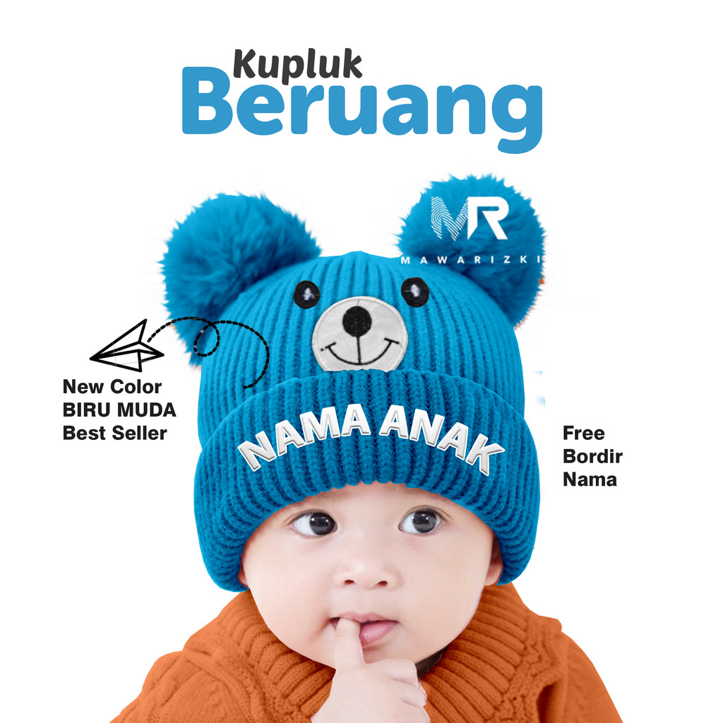 topi bayi laki laki Pompom Anak Karakter Bear/Beruang -  Request Bordir Nama anak Sendiri Suka-suka