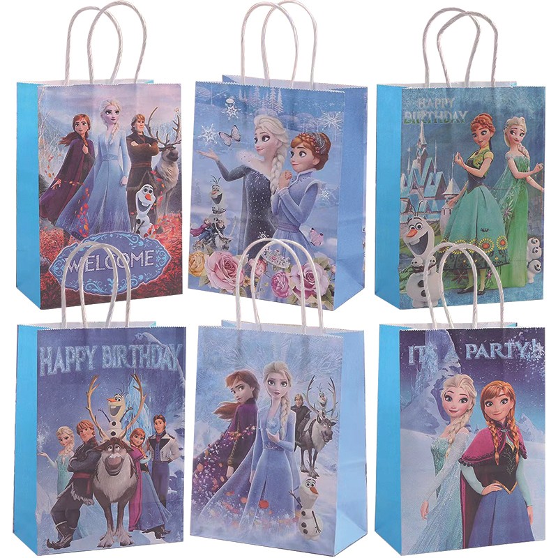 

12pcs Frozen Party Gift Bags with Handle Queen Princess Party Kraft Paper Goodie Bag Girls Birthday Party Favors Bag Decorations