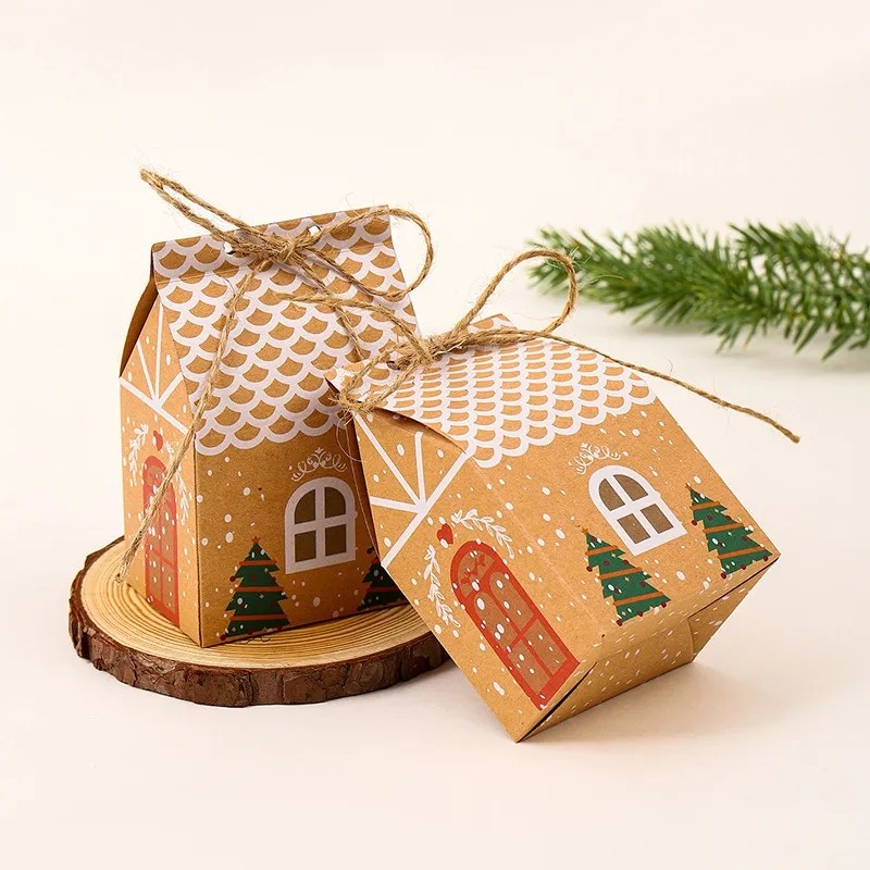 

MissDeer 5Pcs Merry Christmas Gift Bags House Shape Kraft Paper Candy Cookie Bags Packaging Boxes Christmas Tree Pendant Party D