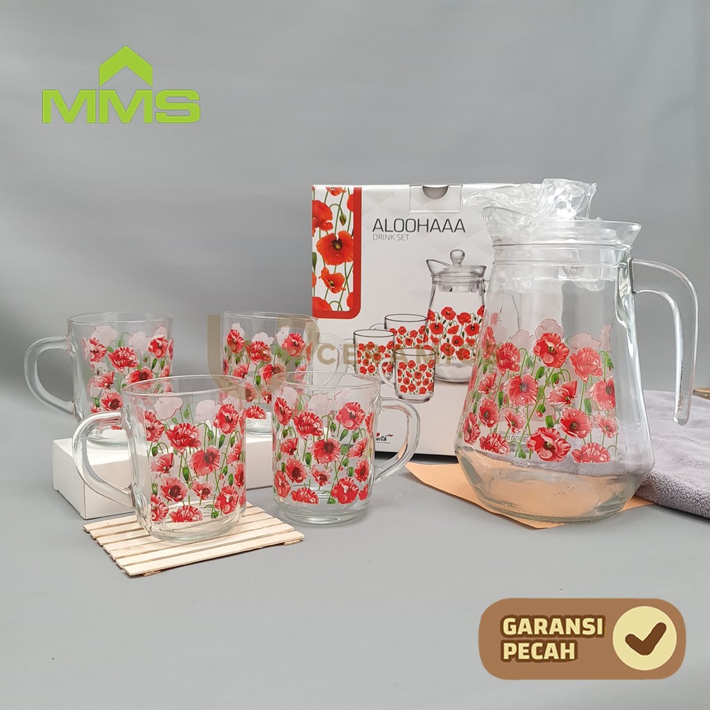 KIG  1 SET Drink Teko Set ALOHA Pitcher Set Beling Jug Drink Set 4 Gelas + 1 Teko ALOHA MURAH SOUVEN