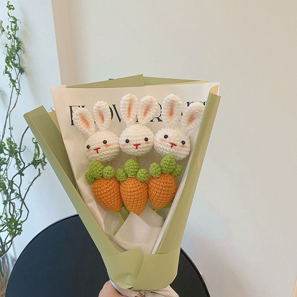 

New Rabbit Crochet Flowers Hand-knitted Artificial Flowers Bouquet Homemade DIY Flower Valentine's Day Gift Home Wedding Decor