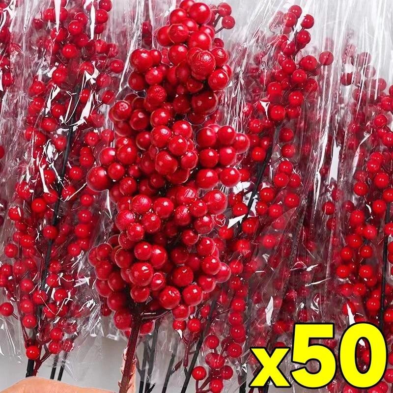

Christmas Red Berries Branch Fake Plants Flowers Artificial Holly Berry Stamen Wreath Ornaments for Xmas Tree Party Home Decor