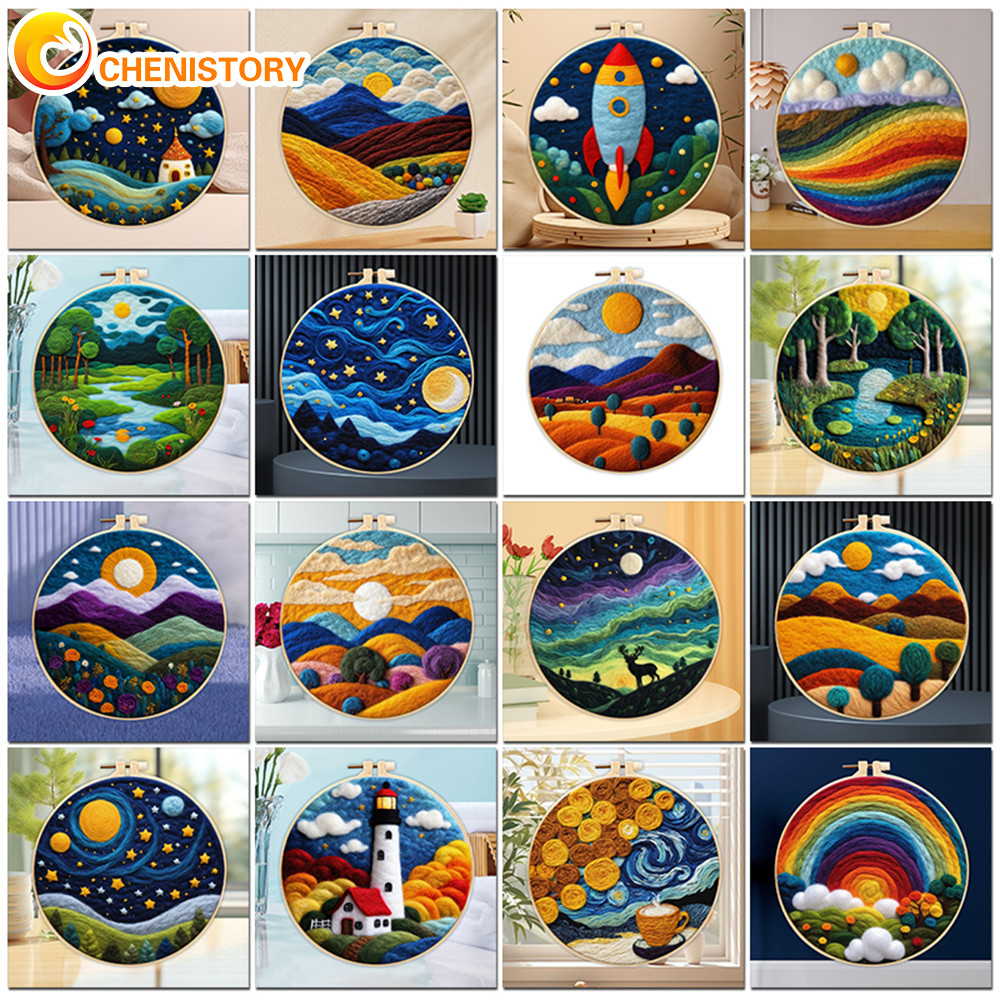 

CHENISTORY 20x20cm Frame With Painting DIY Wool Embroidery Kit Creative DIY Wool Needle Felt Picture Kit Craft Painting Gift 202