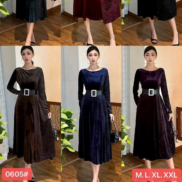 NEW -Berbagai model Gaun Velvet Bludru Elegan Gaun Midi Pesta Ramping Lengan Panjang Wanita Kualitas