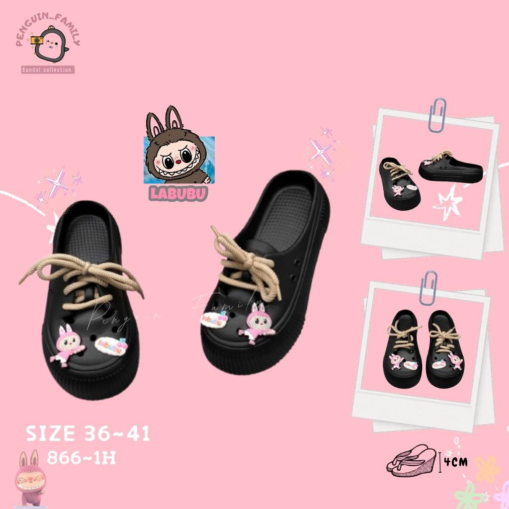 Yutu Sandal Sepatu Karet Tali Wanita Baim Selop Jibbitz 3D Labubu Anti Slip 866-1H Jelly Sendal
