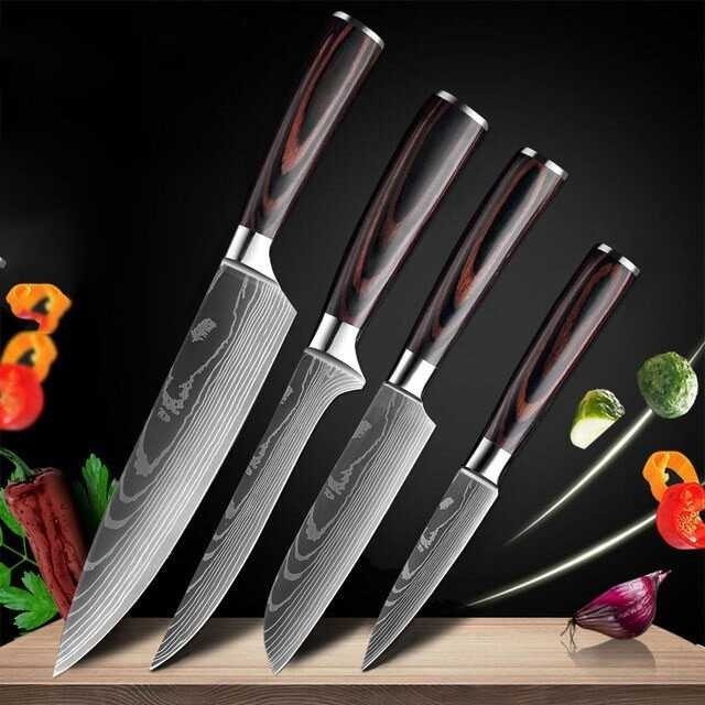 1 Set Pisau Dapur Jepang Profesional  Damascus Pattern Bahan Steel Tebal 4 PCS - DL4-A Buah Ikan Kni