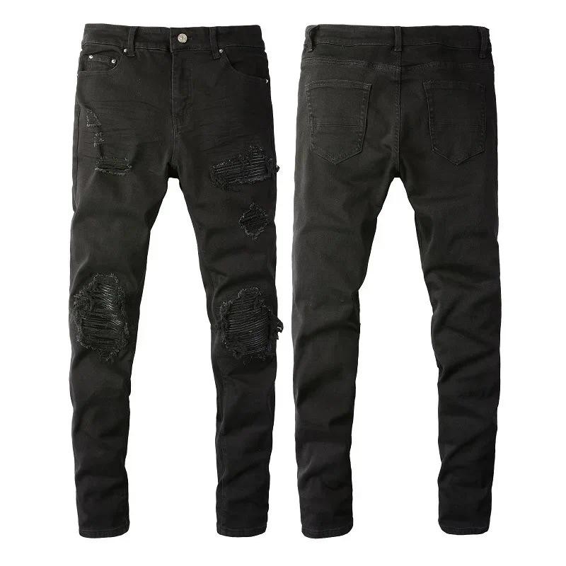 Korean Fashion Men's Black Jeans, 2024 New Style Street Fashion Brand Ripped Slim Fit Elastic Patchw