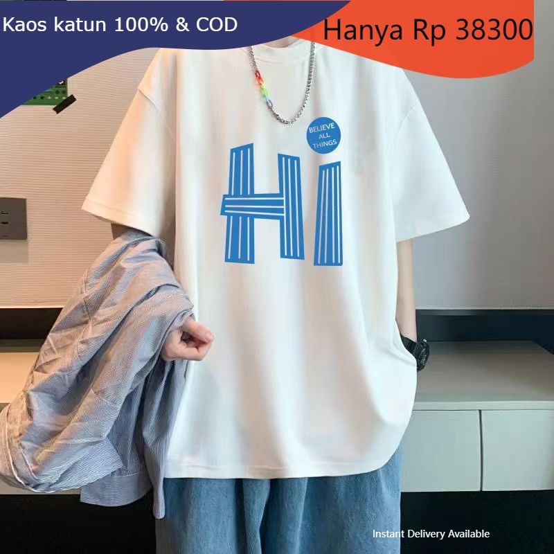 Kaos Pria Musim Panas Fashion Korea Sederhana Huruf Hi Dicetak Katun Lembut Menyerap Keringat Kain B