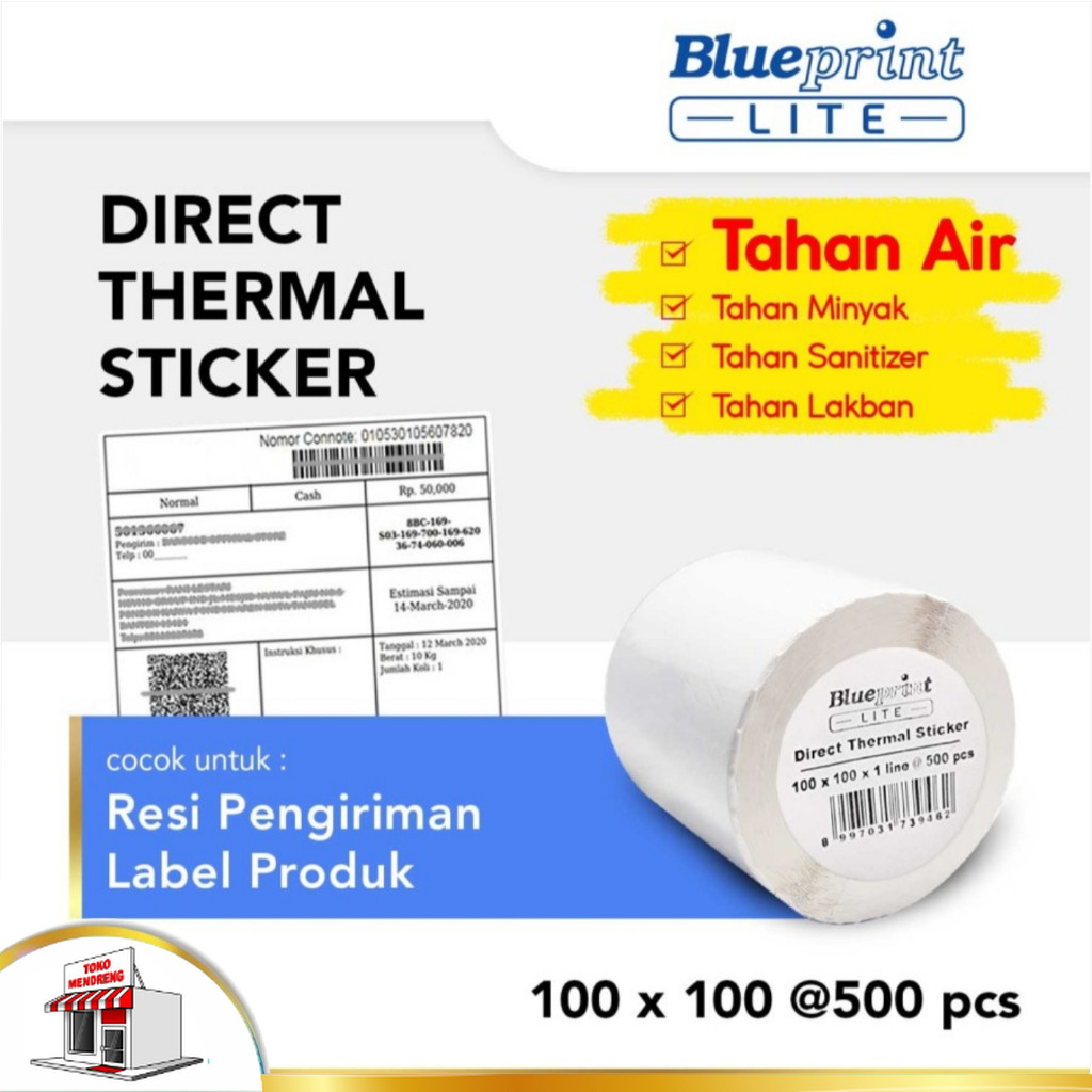 

Blueprint Lite Direct Thermal Sticker 100x100mm isi 500 Label Resi Pengiriman DTS Stiker Barcode