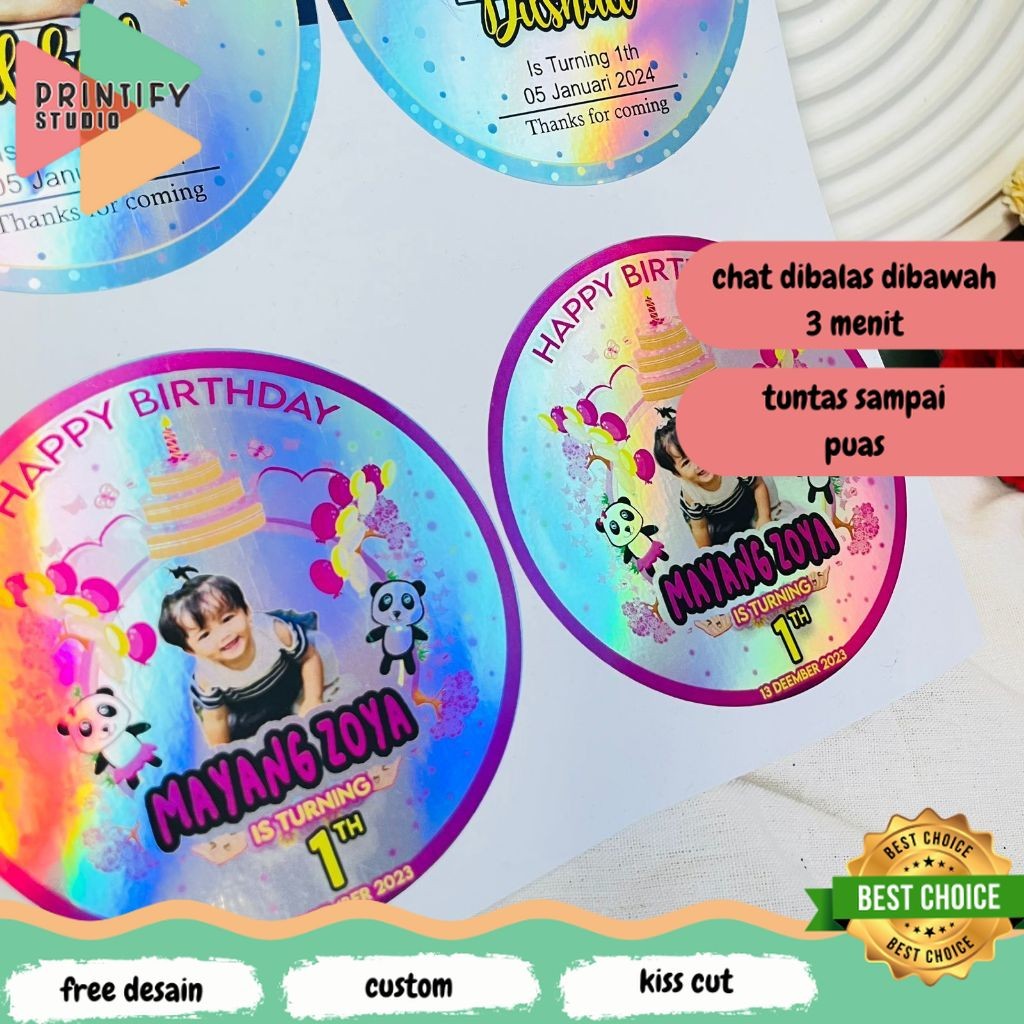 

Printify 2-4 Stiker Hologram Ulang Tahun Anak Bentuk Bulat Label Sticker Undangan Happy Birthday