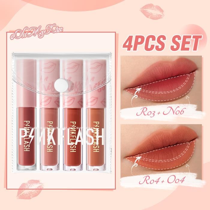 promo  -[Official] PINKFLASH 4PCS Lipstik Set Soft Matte Liquid Lipstik Tahan air VE Moisturising Ta
