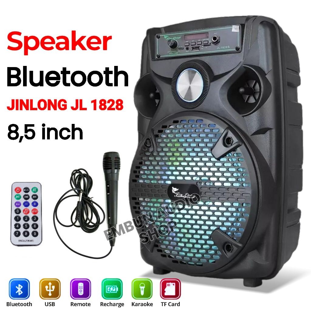 full bass Speaker Bluetooth JINLONG JL-1828 JAGUNG LED 8'5 INCH Free Mic Kabel Karaoke + Remote - Sp