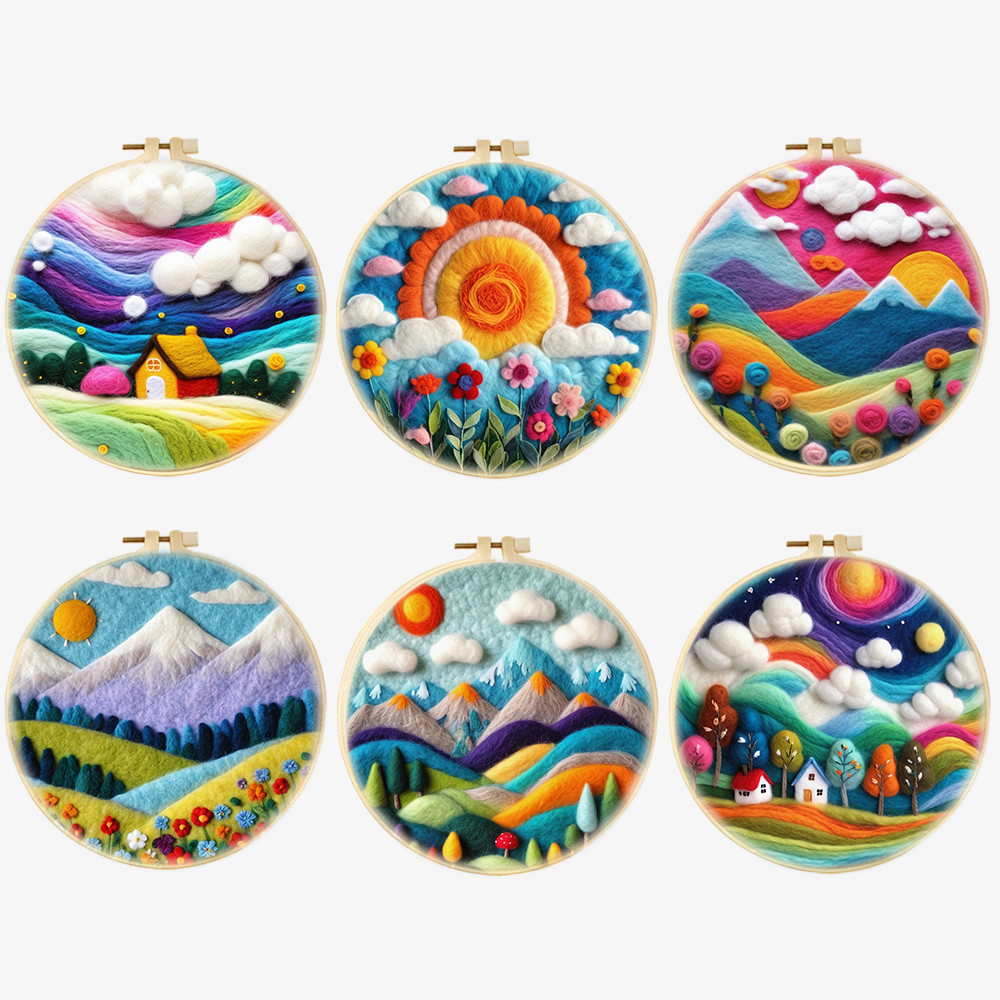

CHENISTORY Wool Felting Package Colorful Scenery Needle Felting Painting With 20X20CM Frame Kit For Beginner Wool Felting Paint
