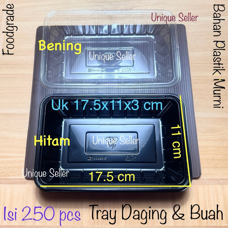 [Isi250] Tray Buah & Daging Plastik Hitam Bening TX 17.5x11x3 cm Sekali Pakai / Tray Buah Plastik Hi