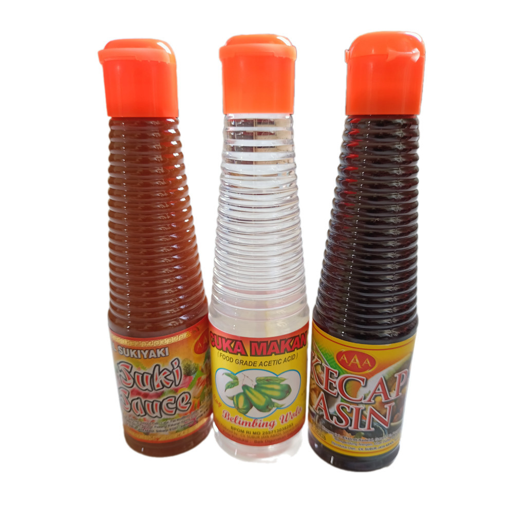 

Paket Irit Isi 3 Botol AAA 140 ml - Saos Suki, Cuka Makan, Kecap Asin