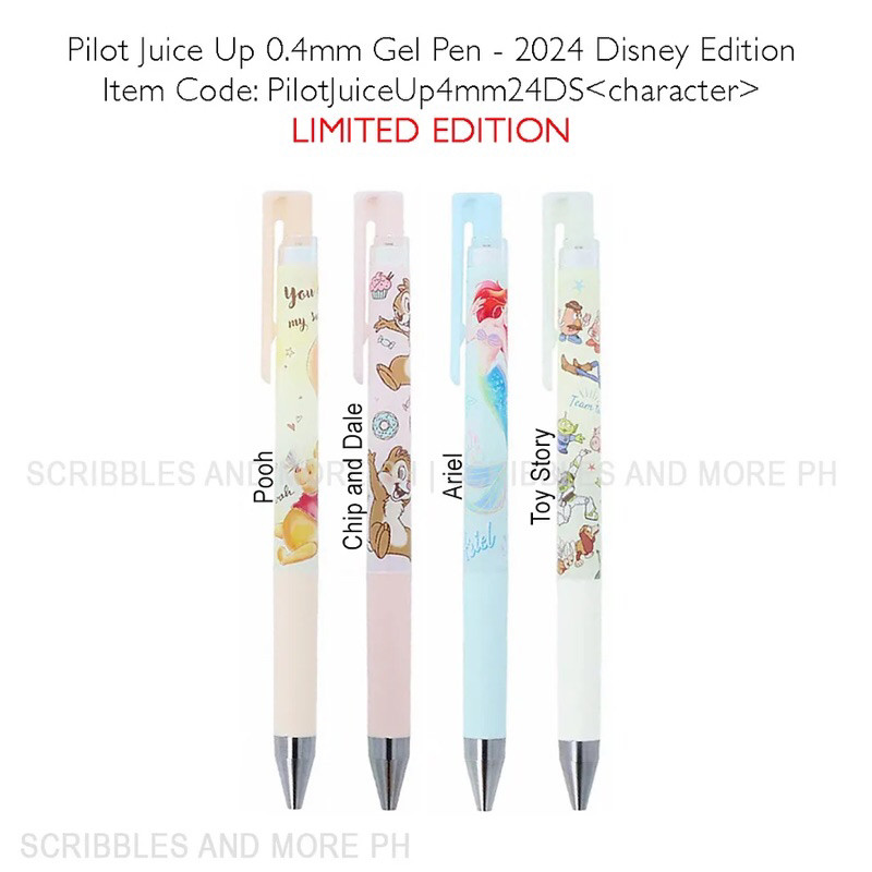 

Pilot Juice Up Peanuts Snoopy Hello Kitty Chip n Dale Mermaid Ariel Pooh Toys Story Sanrio Disney 0.4mm Limited Edition TI