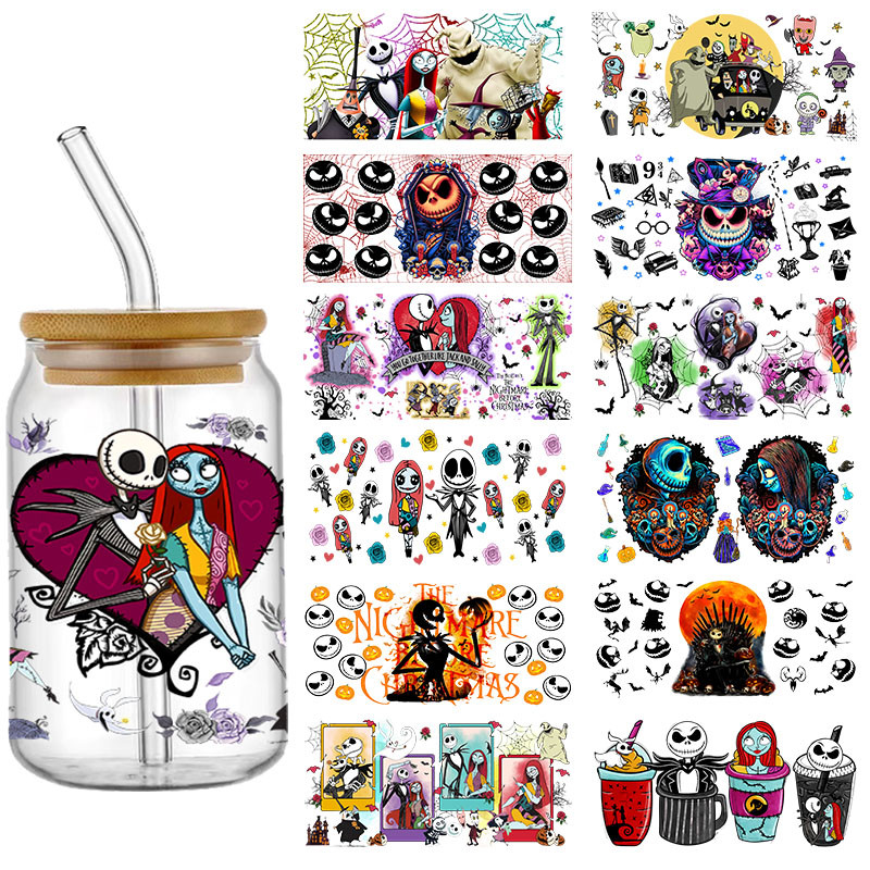 

Halloween Jack & Sally Decal UV DTF Cup Wrap 16oz For Libbey Glass Ready To Apply No Heat Needed Permanent Adhesive Waterproof