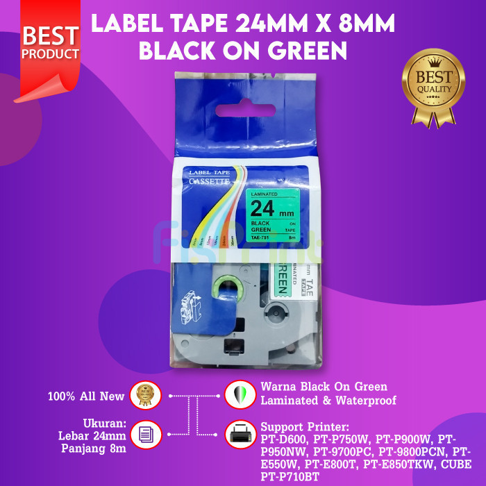 

FixPrint Compatible Label Tape Laminated TZE-751 24mm X 8m Black On Green Cassette Printer Bro PT-9800PCN PT-P750W PT-P900W PT-P950NW PT-9700PC PT-E550W PT-E800T PT-E850TKW PT-P710BTCompatible Label Tape Laminated