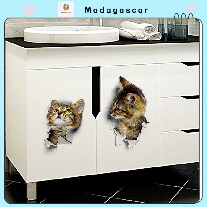 TRS stiker dinding vynil PVC motif kucing 3D lucu untuk dekorasi kulkas / kamar tidur / walpaper din