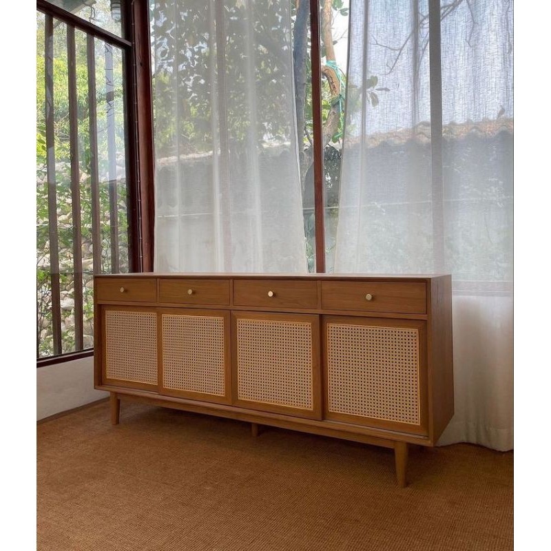 Meja TV Jati Mix Rotan – Bufet TV Desain Scandinavian, Elegan dan Tahan Lama