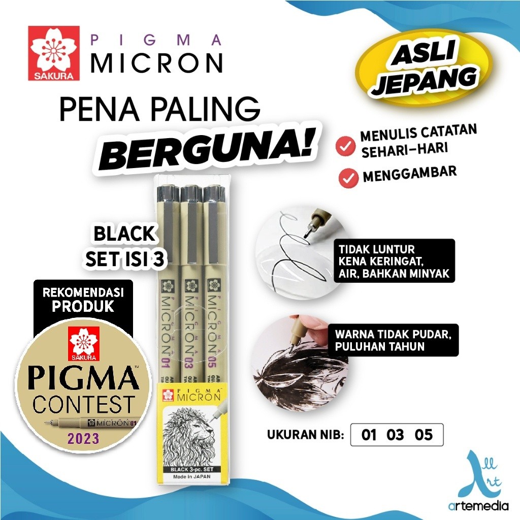 

Drawing Pen Sakura Pigma Micron Set 3 ( Tip 0.1 / 0.3 /0.5 ) Pigment Ink Pulpen Gambar XSDK-3A - Set 3