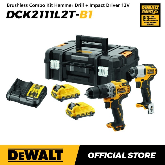 Dewalt Brushless Combo Kita Hammer Drill (DCD706) + Impact Driver (DCF801) 10.8/12V Max DCK2111L2T-B