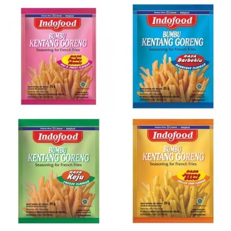 

BUMBU KENTANG GORENG INDOFOOD 25 GRAM RASA BARBEQUE JAGUNG BAKAR KEJU PEDAS MANIS BARBEKIU FRENCH FRIES SEASONING 25GR GR PINK BIRU HIJAU ORANGE DOMIKA MART