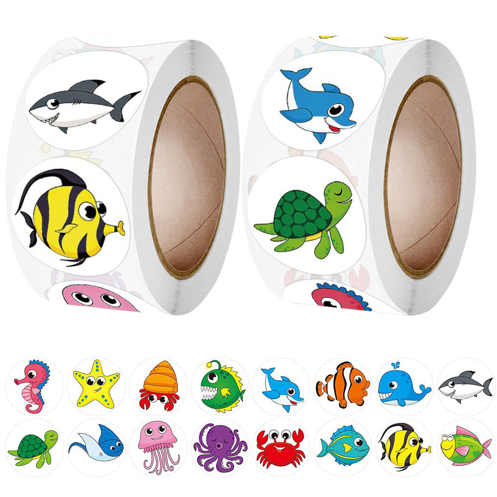

500Pcs/Roll Cartoon Marine Animals Reward Stickers 2.5cm/1.0in Perfect For Learning Games PC Notebook Pad Fridge Gift Seal Label