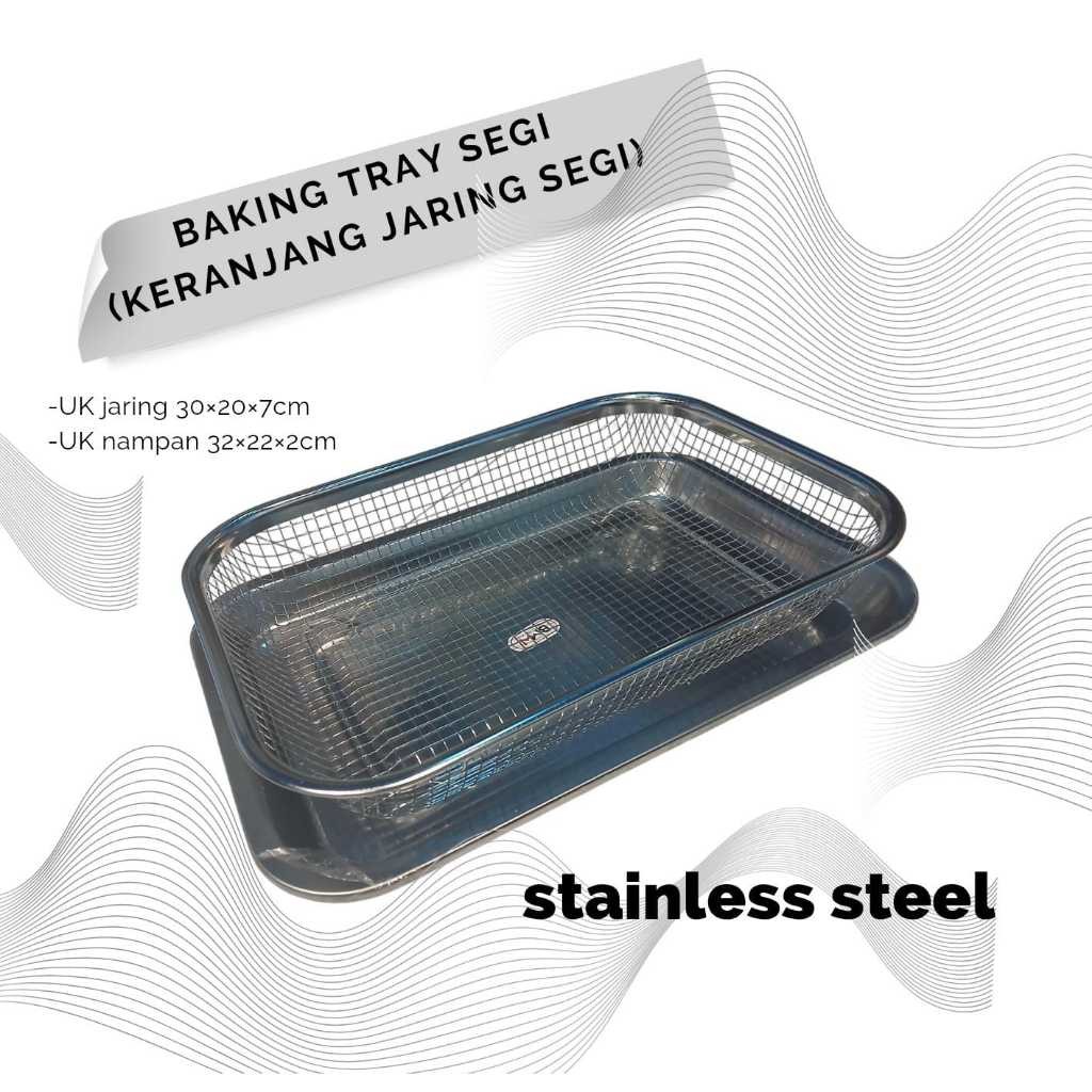 HAFKAMSHOP Stainless Steel Baking Tray Segi (Keranjang Jaring Segi + nampan) ukuran sendeng +jumbo