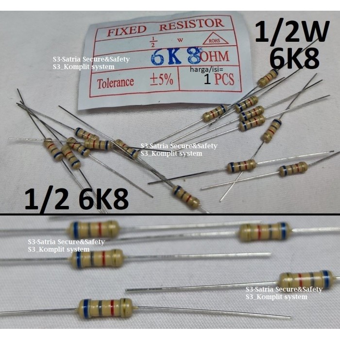 Resistor 1/2w 6K8 OHM R setengah 0.5W ½ 0,5 w R1/2 6K8ohm 6.8K 6,8K