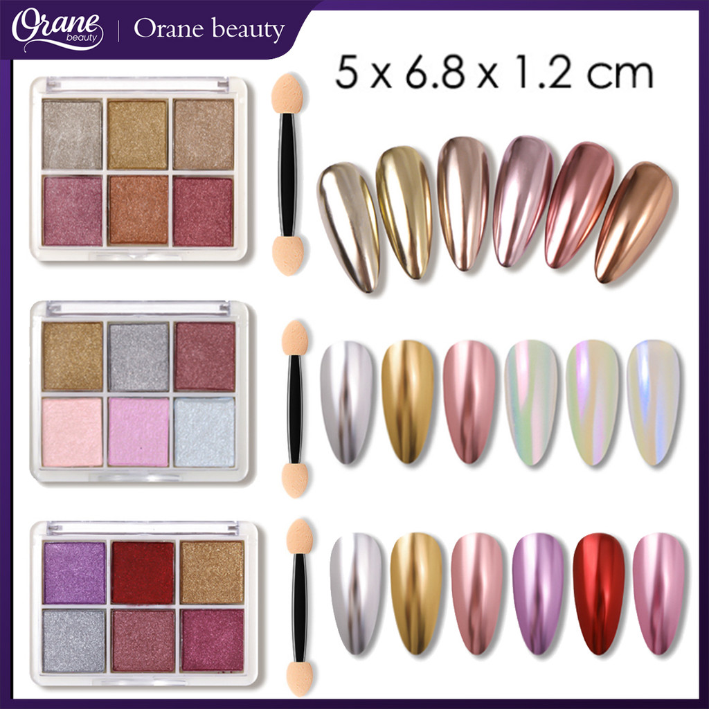 6 Warna Set Bedak Kuku Chrome Efek Cermin Gemerlap Holografik Aurora Metalik Emas Perak Debu Kuku Pi