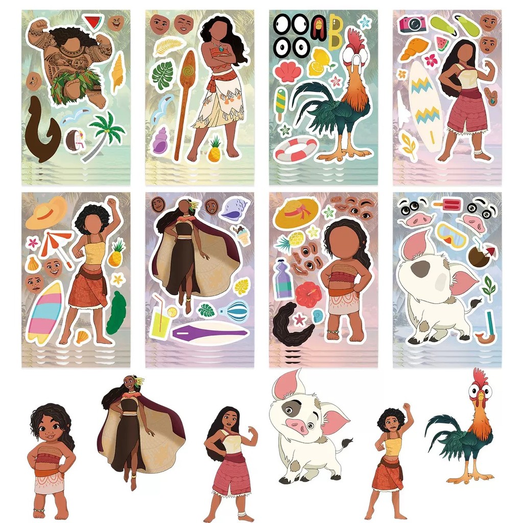 

8/16sheets Cartoon Movie Moana Puzzle Stickers Make a Face DIY Anime Assemble Jigsaw Decals Toy Kids Birthday Party Decoration