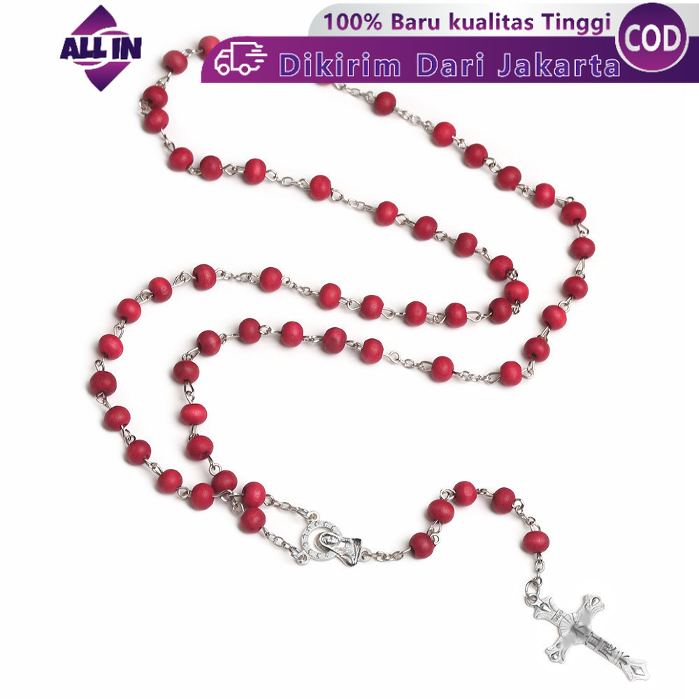 Kalung Rosario Katolik Manik Manik Kayu Liontin Salib Kalung Pria Wanita / Kalung Salib