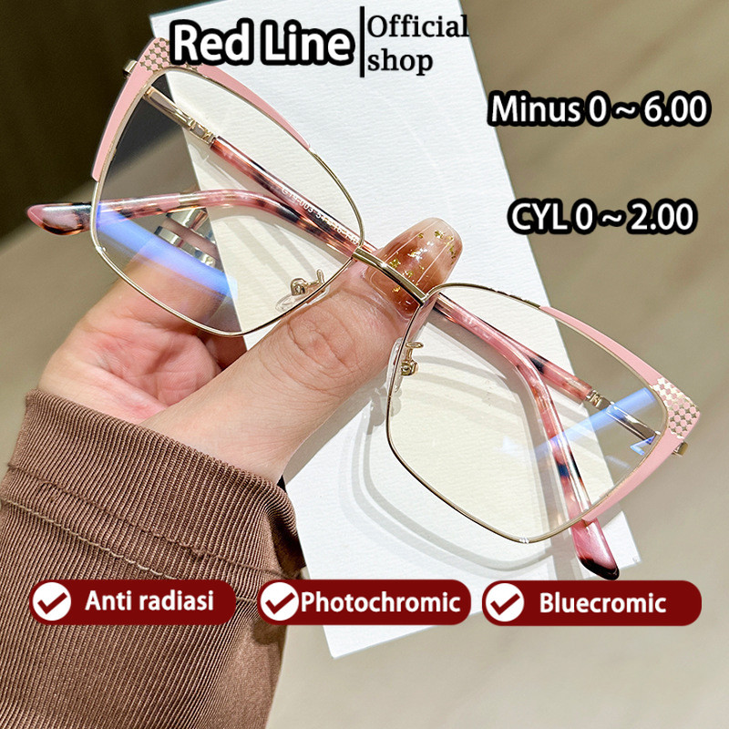 Red Line Kacamata Photocromic Wanita Cat Eye Minus Silinder Bluecromic Anti Blueray Kaca Mata Optik 