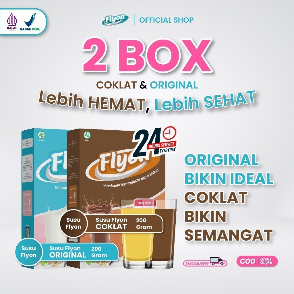 

Paket 2 Box Susu Flyon Original & Coklat Susu Penggemuk Badan Original Vitamin Penambah Berat Badan Suplemen Penambah Berat Badan