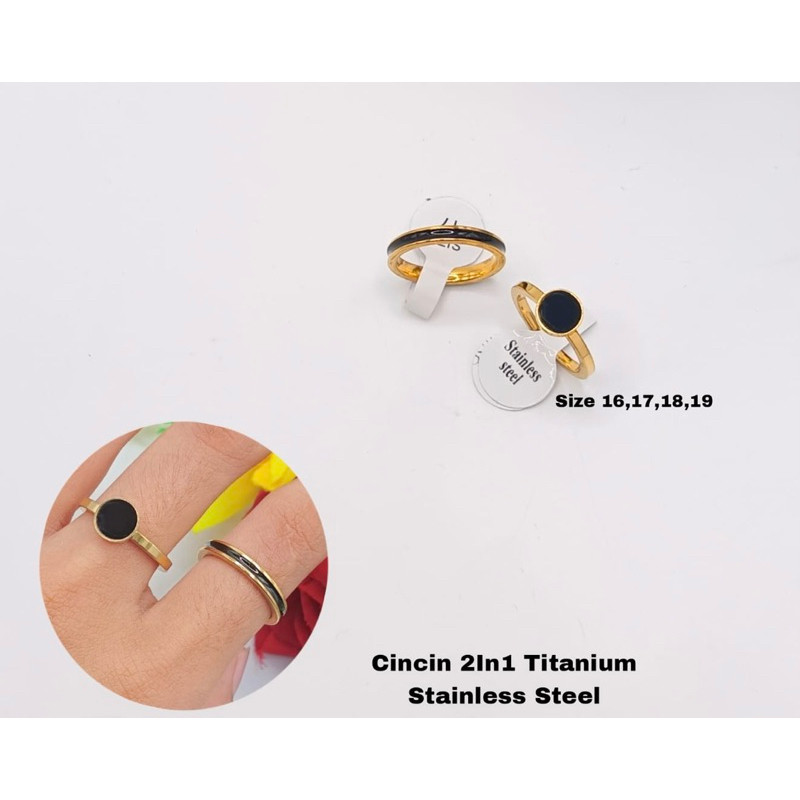 (PROMO) Cincin 2in1 permata kombinasi keramik hitam titanium fashion wanita