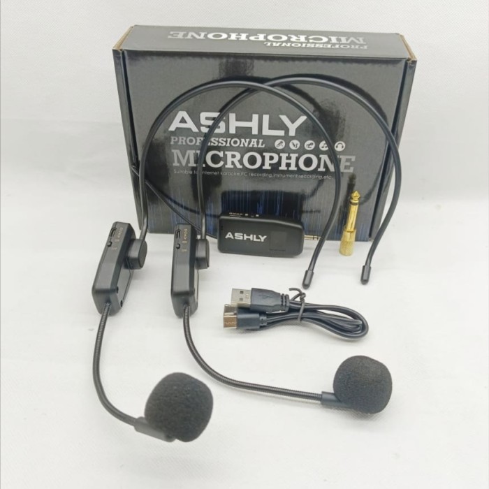 "W.H.Sw" - TERMURAH mic headset wireless Ashly mic bando wireles 2 mic pakai baterai cas - ASHLY E65