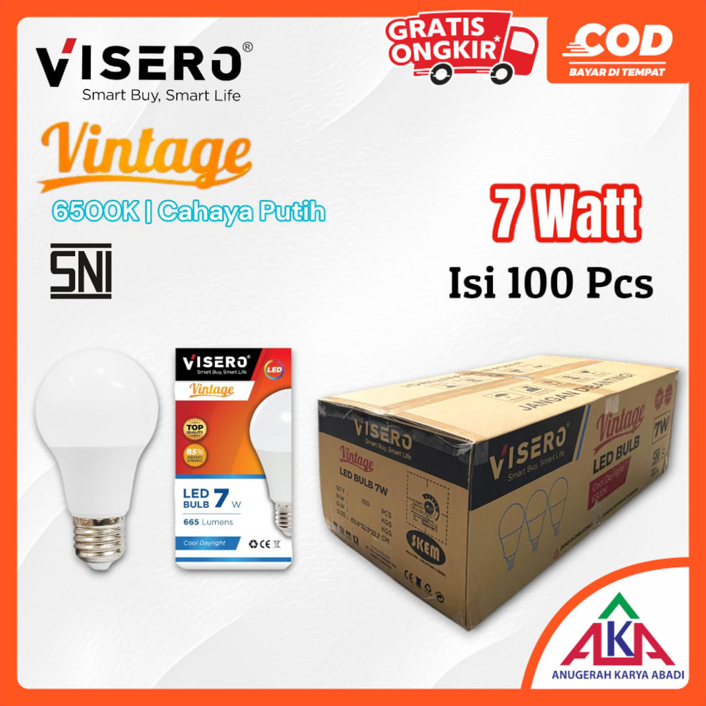 1 Dus / 1 Koli VISERO VINTAGE Bohlam Lampu LED 7W 1 Dus isi 100 Pcs SNI - 7 Watt Putih