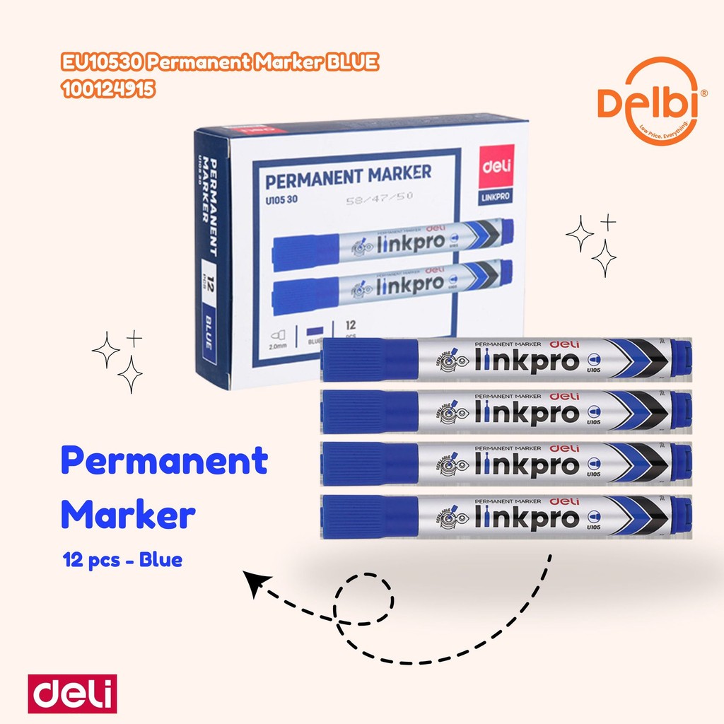 

Deli EU10530 Permanent Marker / Spidol Permanen Biru Tidak Beracun Cepat Kering Anti Air EU10530 Permanent Marker BLUE