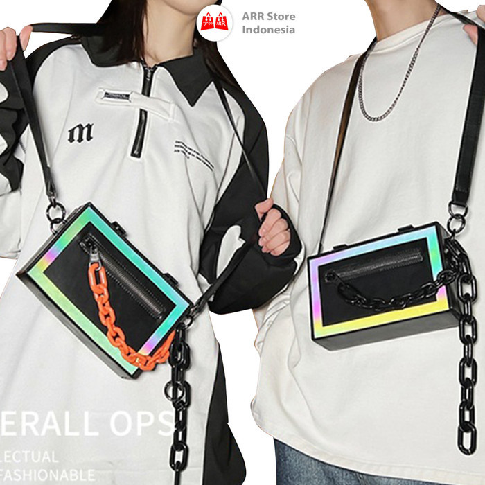 Tas Selempang Pria Kulit Tas Kulit Pria Tas Pria Model Kotak Rainbow Reflektif Bahan PU Leather T 02