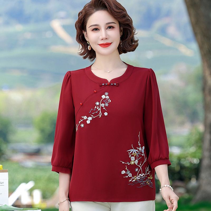 Hari Ibu Gaya Cina ibu musim panas atasan musim panas wanita paruh baya T-shirt setelan paruh baya t