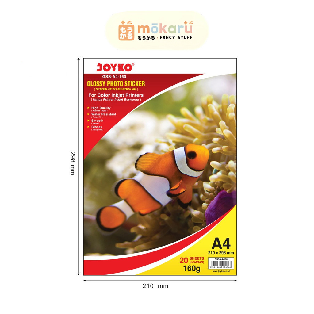 

Joyko Glossy Photo Sticker Paper GSS-A4-160 / Glossy Photo Sticker / Stiker Foto Mengkilap 20 Sheets Lembar