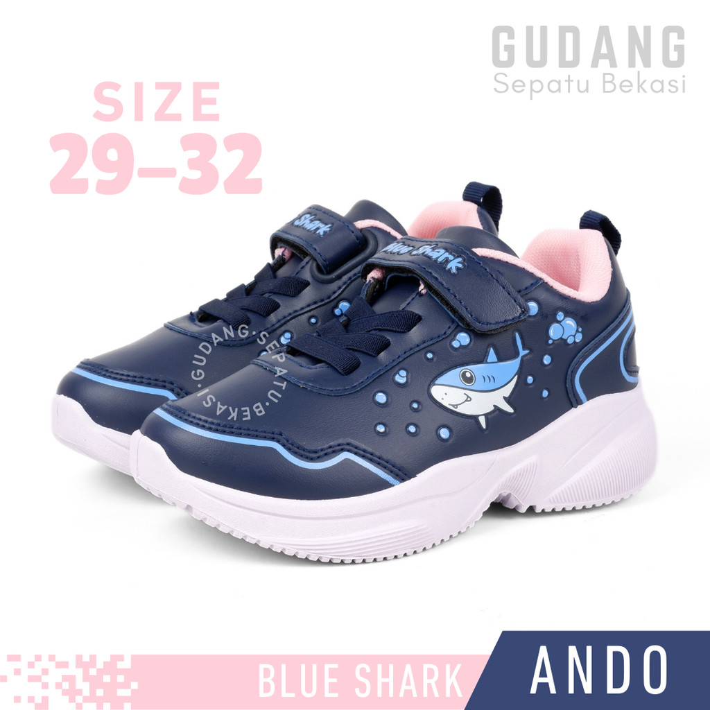 Sepatu Sekolah Anak Perempuan TK SD PAUD Ando Blue Shark Hitam Biru Perekat Slip On