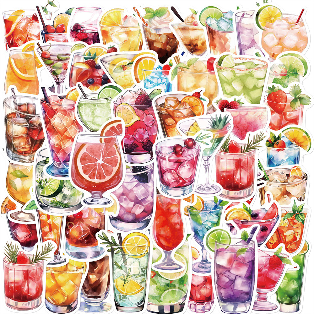 

50pcs Watercolor Cocktail Stickers For Suitcase Stationery Phone Laptop Ipad DIY Sticker Scrapbooking Material Craft Supplies