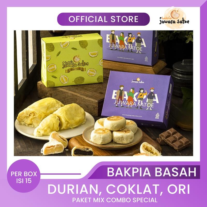 

3 BOX PAKET MIX COMBO SPECIAL BAKPIA BASAH ( Durian, Coklat dan Ori ) - JUWARA SATOE