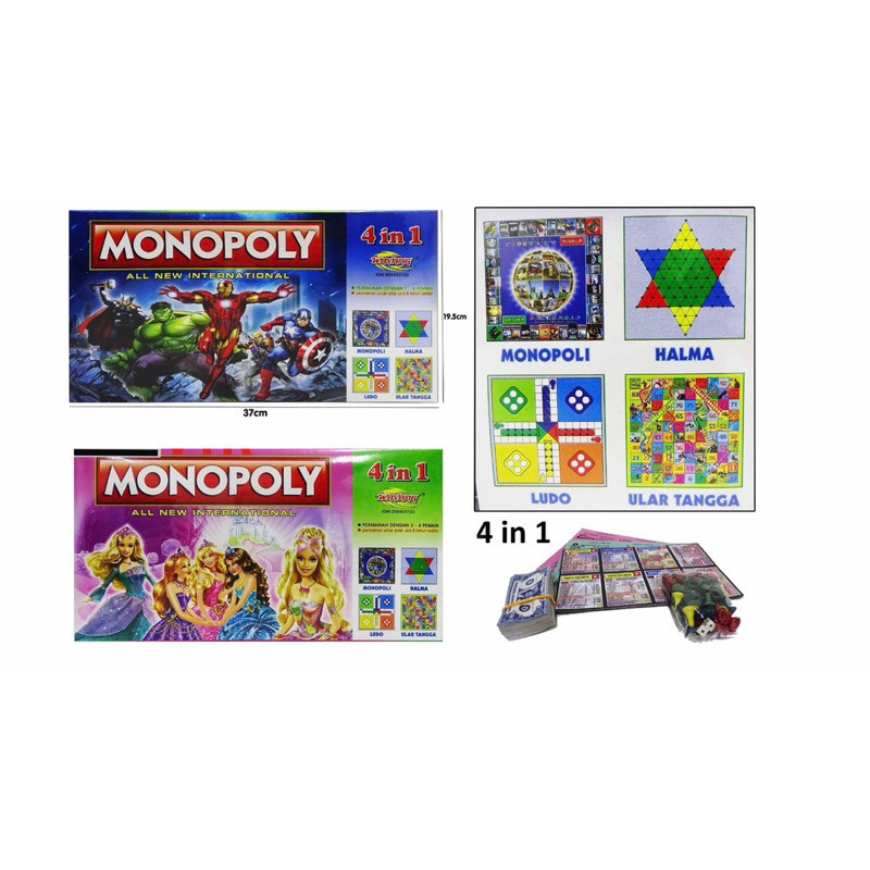 Mainan Anak Monopoly 4In1 Monopoli Ular Tangga Halma Ludo Dadu Board Game Hiburan Toys