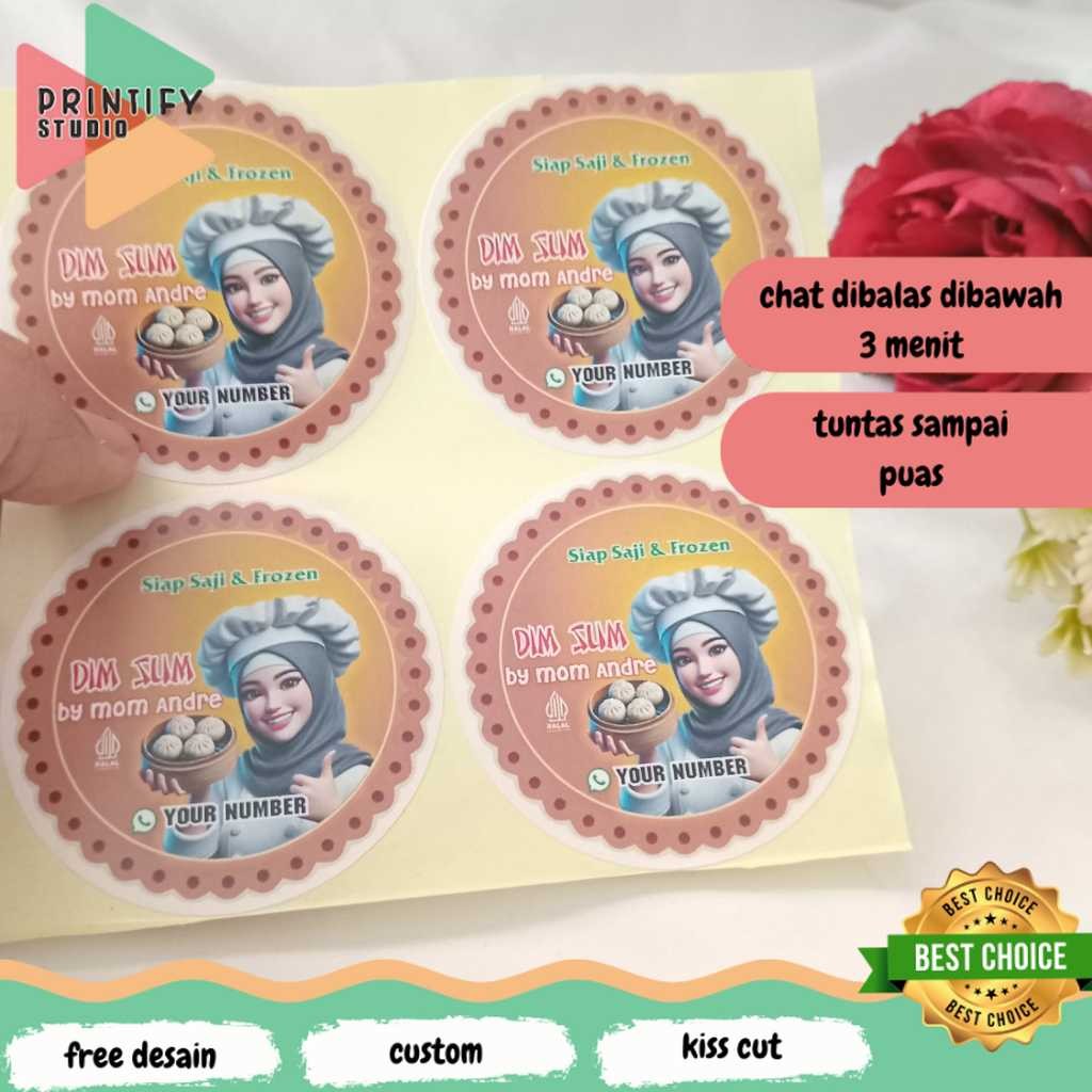 

Printify 2-4 Custom Sticker Tema Dimsum Label Stiker Produk Makanan Dim Sum Bulat Chromo