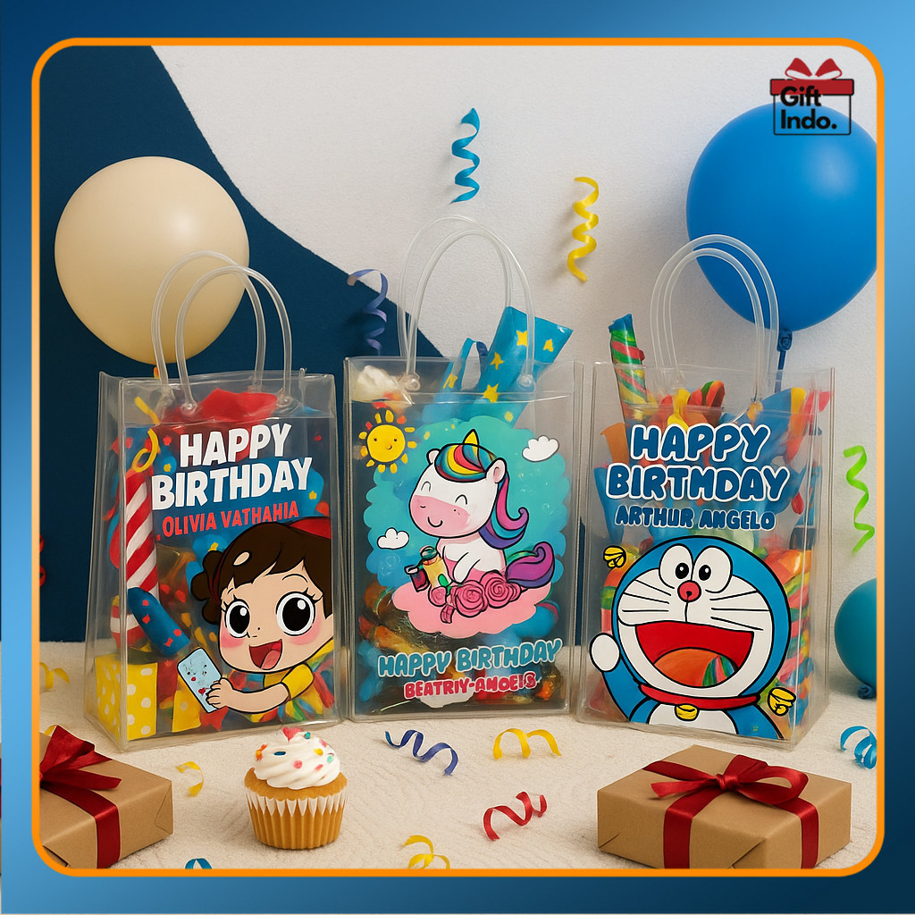 

Tas Mika Motif Ulang Tahun Anak Hampers Ultah Anak Tas Mika PVC Polos Goodiebag Transparant Bening