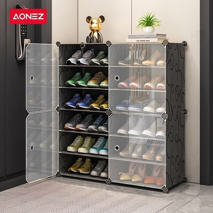 AONEZ Rak Sepatu Susun Tertutup Rak Sepatu Aesthetic Anti Debu 2Kolom8Layer Portable Serbaguna Kotak
