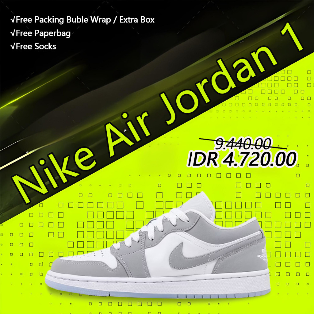 Nike Air Jordan 1 dengan kombinasi warna putih dan abu-abu, model pasangan. Jordan 1 gray white.Pemb